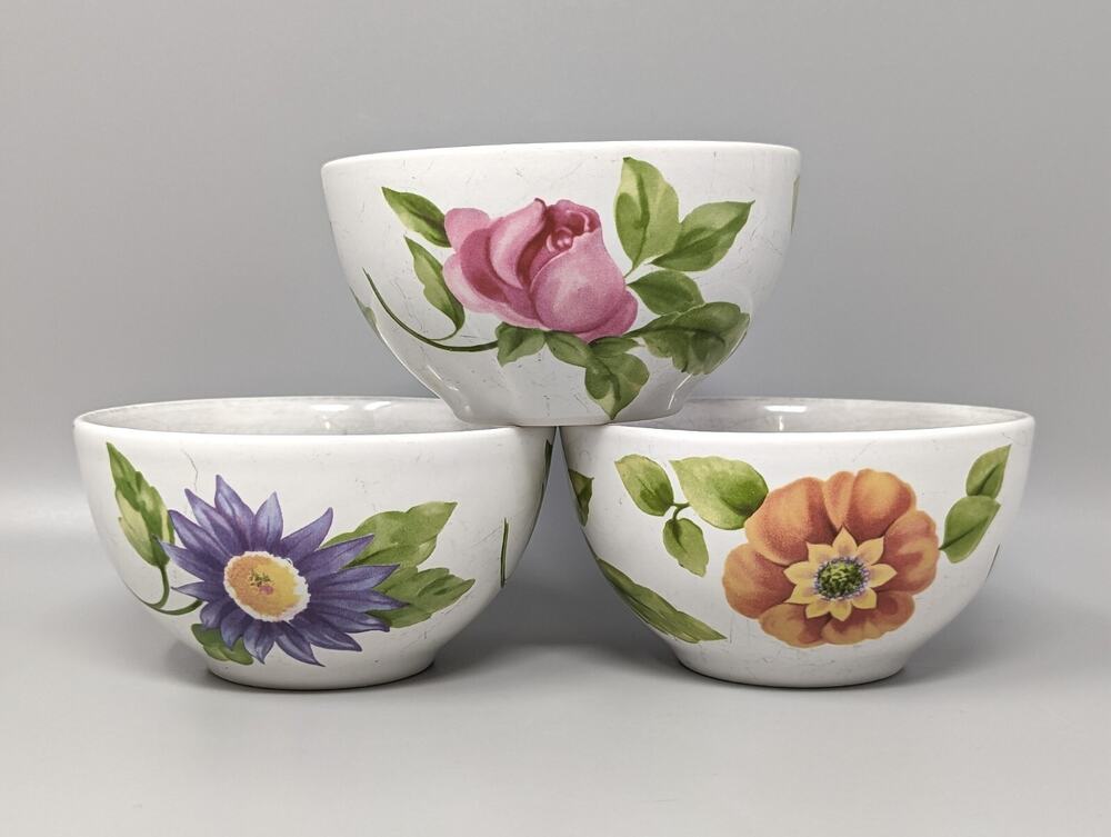 Pfaltzgraff Emma Fruit Dessert Snack White Floral Small Bowls 4.5" Set of 3
